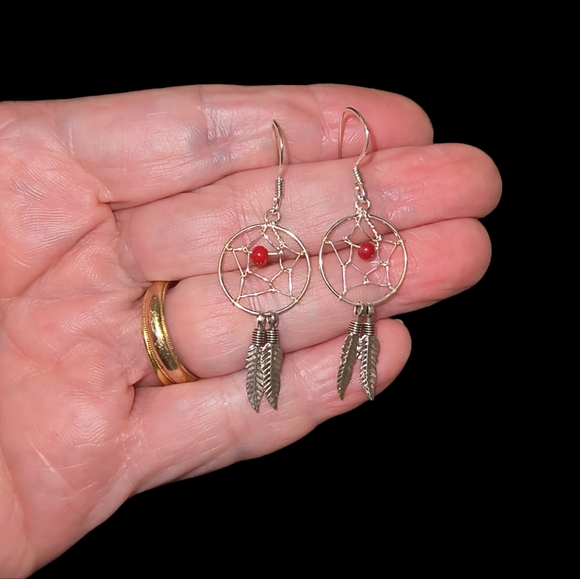 Red Coral & Sterling Silver Dreamcatcher Dangle Earrings - Picture 5 of 8